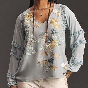 Anthropologie Tiny Embroidered Blouse Top Womens S Crochet Coquette Fairy Boho